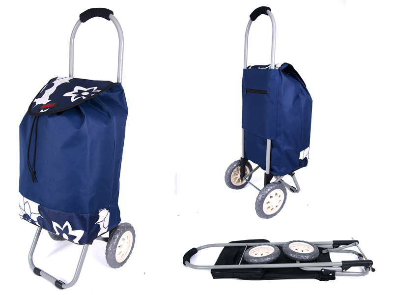 6958 NAVY FLOWERS 2 WHEEL SHOPPING TROLLEY - Click Image to Close